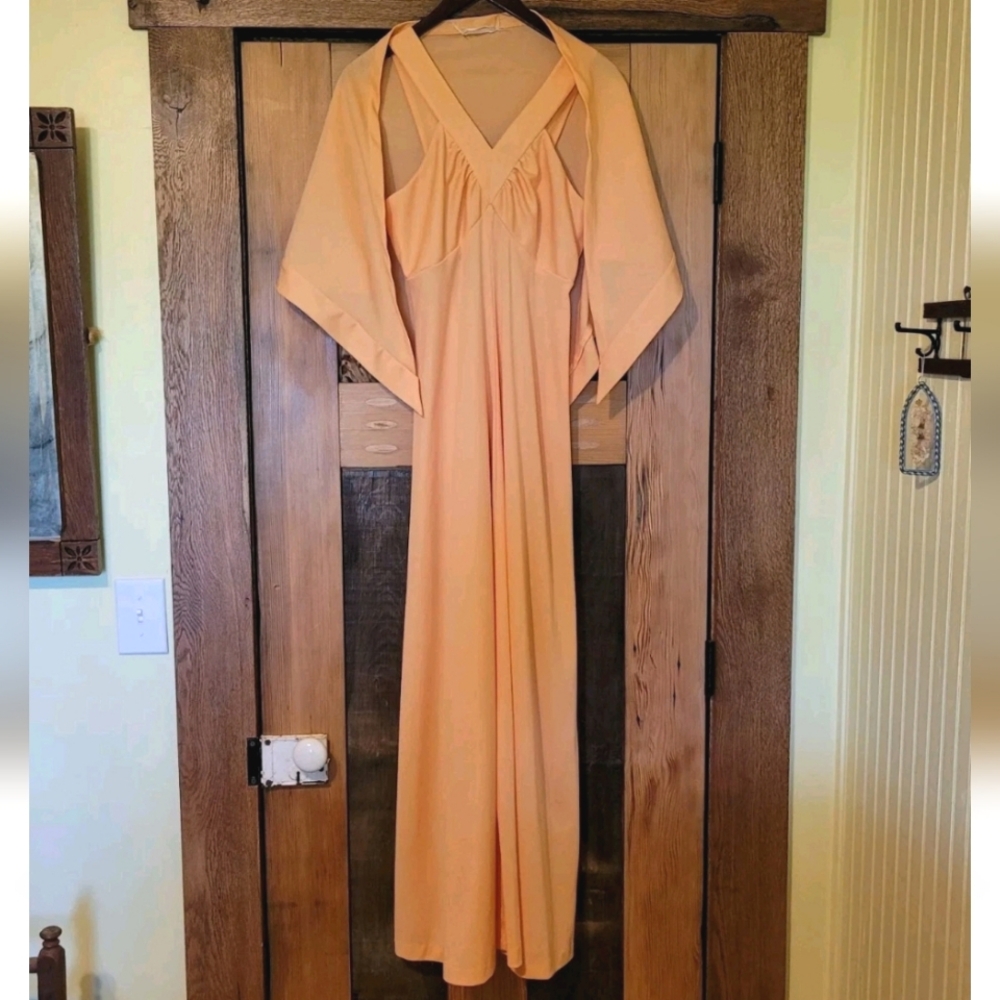 Vintage 60s 70s Toni Tody Peach Summer Sundress Double Knit Polyester Shawl- Med